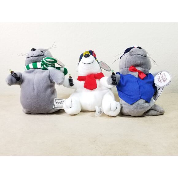 Coca Cola Polar Bear Seal Bean Bag Plush 1997 1998 Christmas 8" New Vintage x3 - Picture 3 of 16